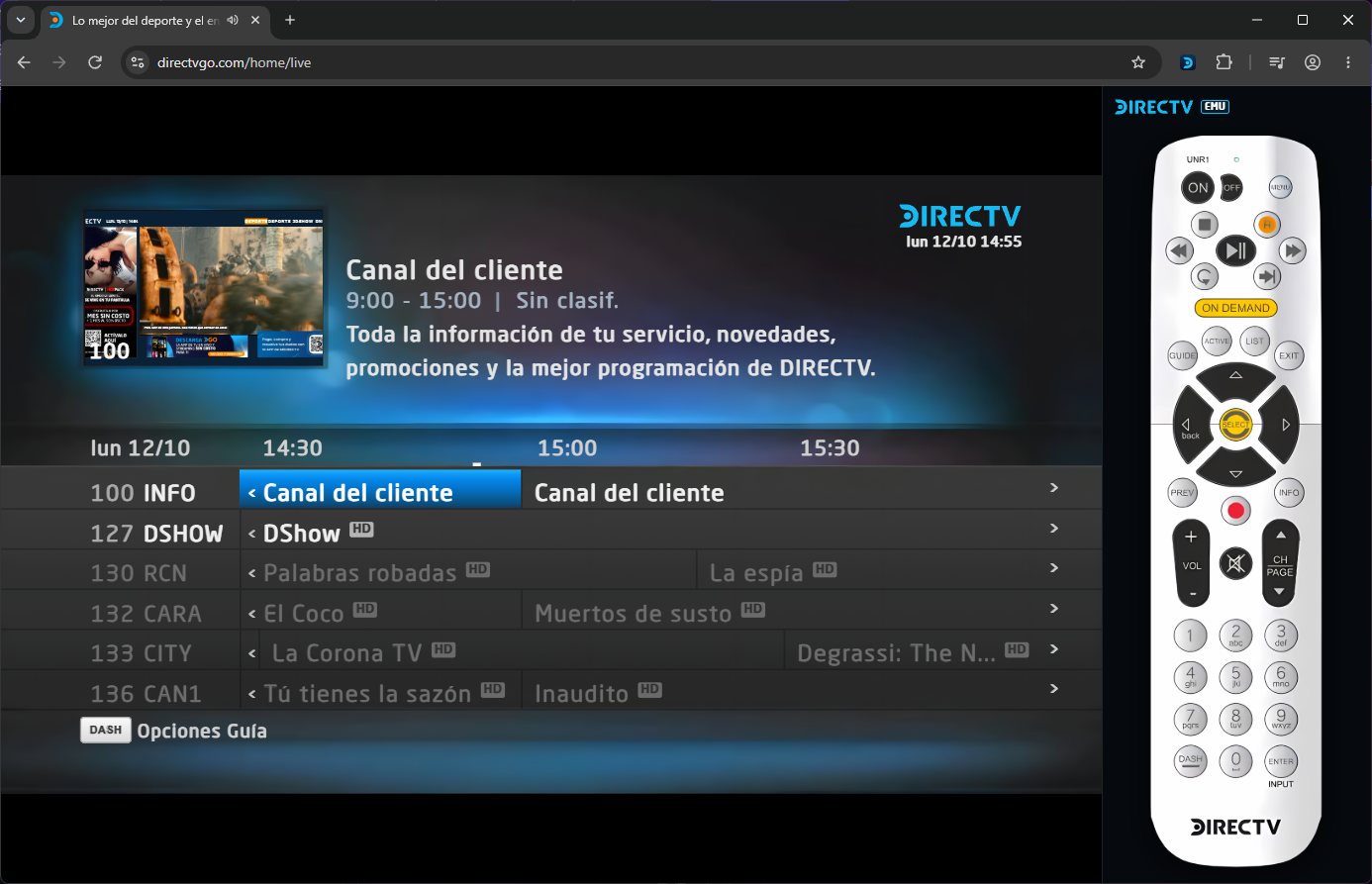 El deco HD encendido sobre DGO, con la guía abierta y el control remoto a la derecha